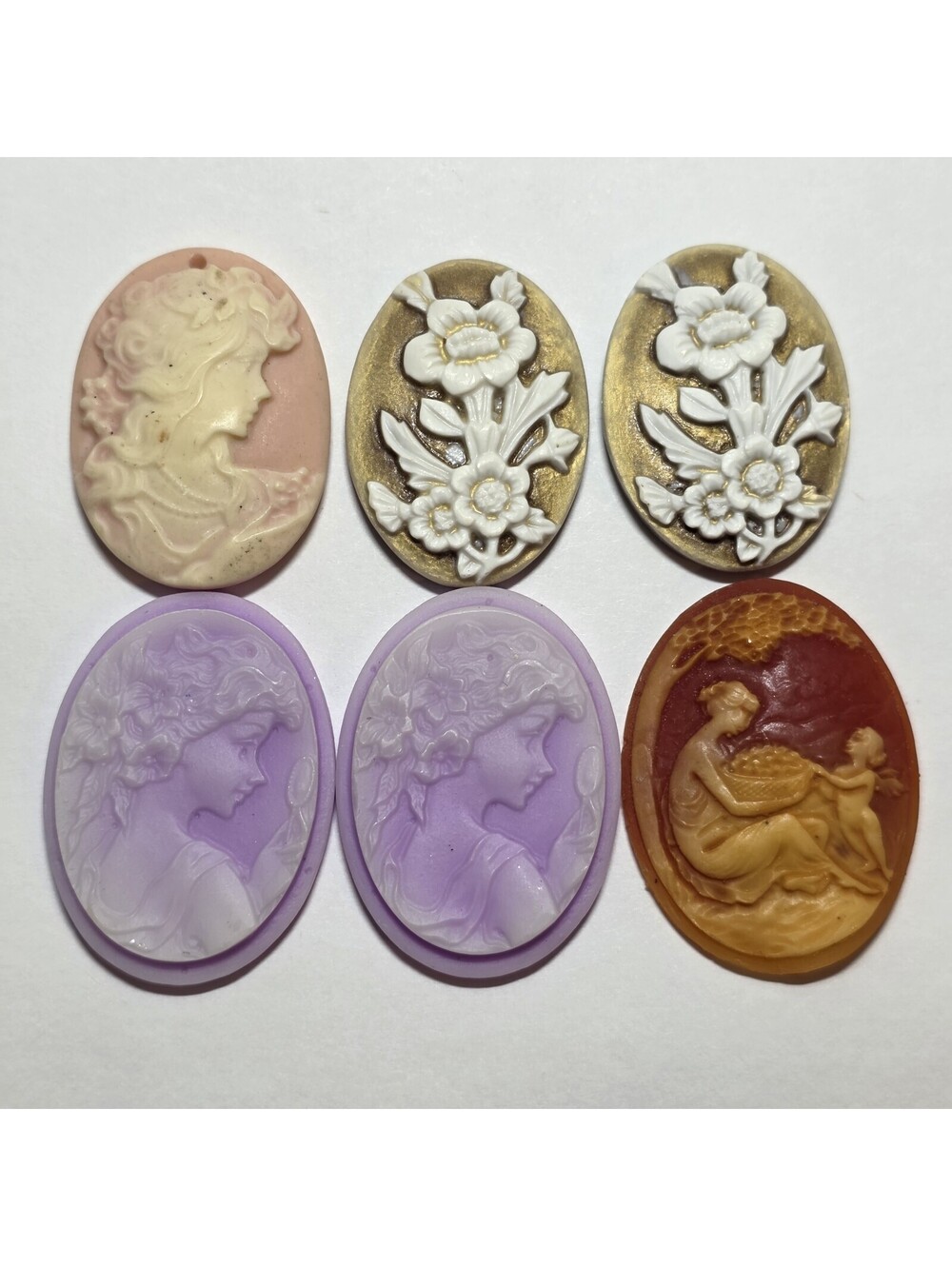 Lot of 6 Large Vintage Style Lady Floral Cameo Cabochons Resin Mixed Colors EUC